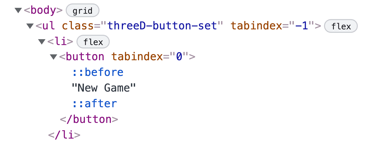 ::before 要素と ::after 要素を持つボタンが表示された Chrome Devtools の [Elements] パネルのスクリーンショット。