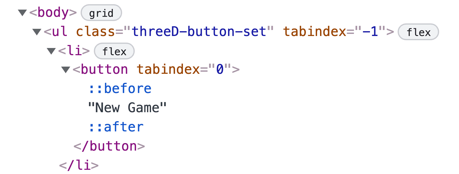 Screenshot del riquadro Elementi di Chrome Devtools con un pulsante con elementi
::before e ::after.