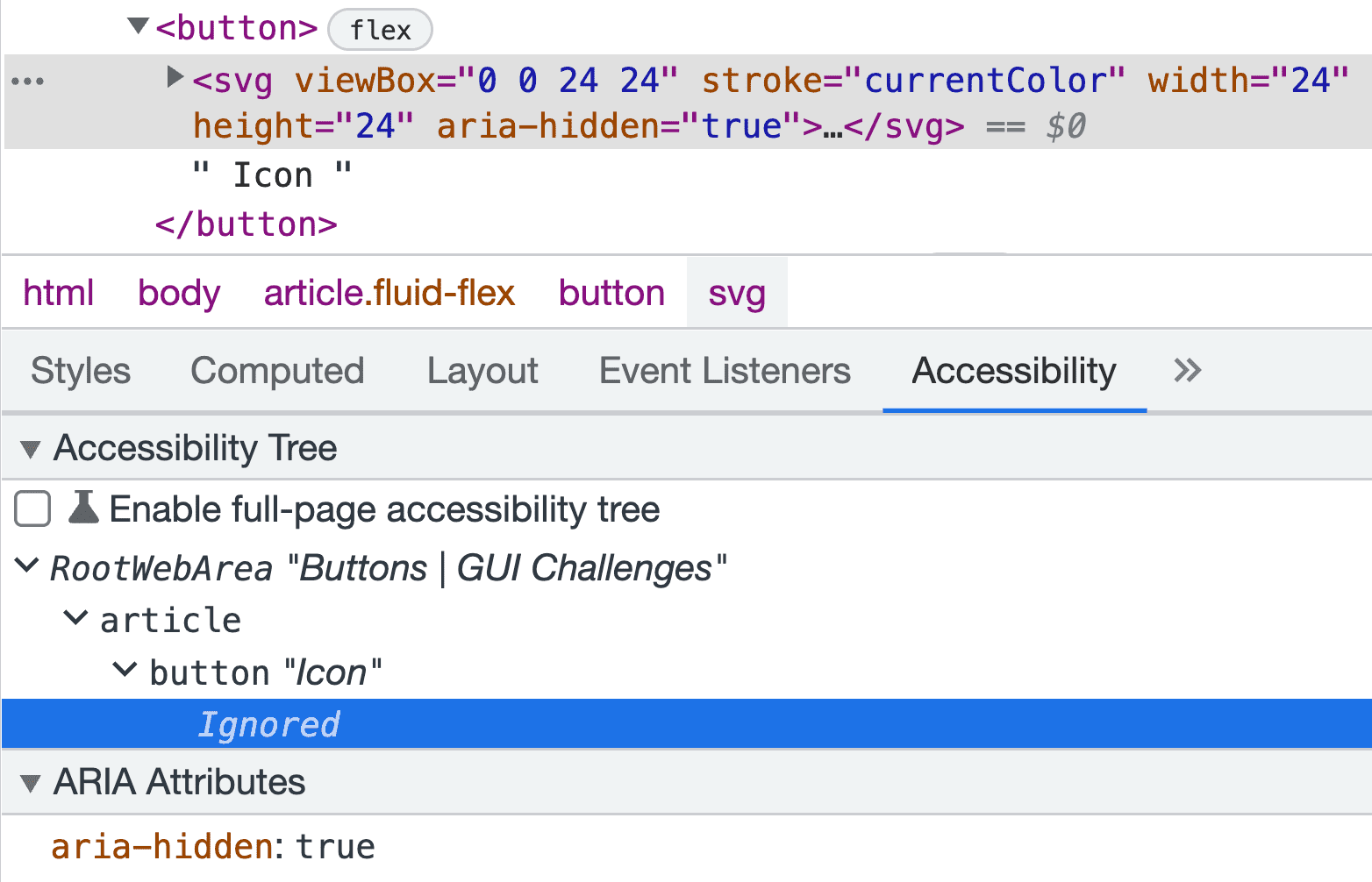 ボタンのユーザー補助ツリーを表示している Chrome DevTools。aria-hidden が true に設定されているため、ツリーはボタン画像を無視します。