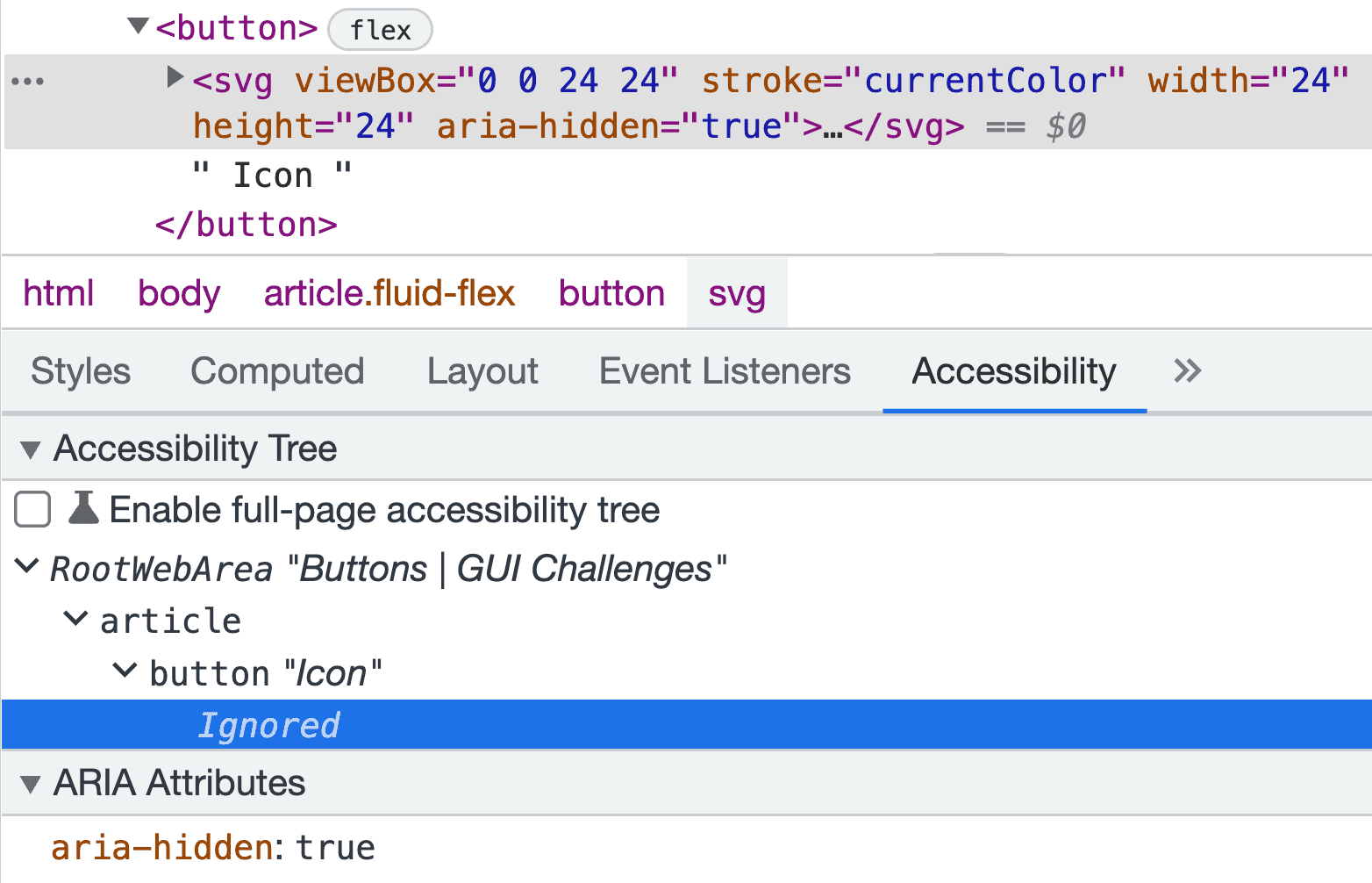 Las Herramientas para desarrolladores de Chrome muestran el árbol de accesibilidad del botón. El árbol ignora la imagen del botón porque tiene aria-hidden configurado como verdadero.