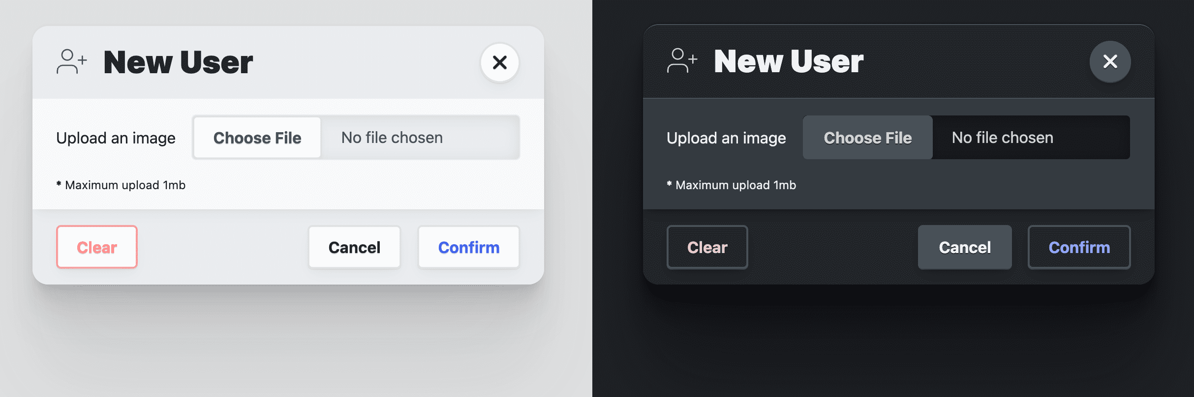 显示浅色和深色主题的超大对话框,演示了 Surface 颜色。