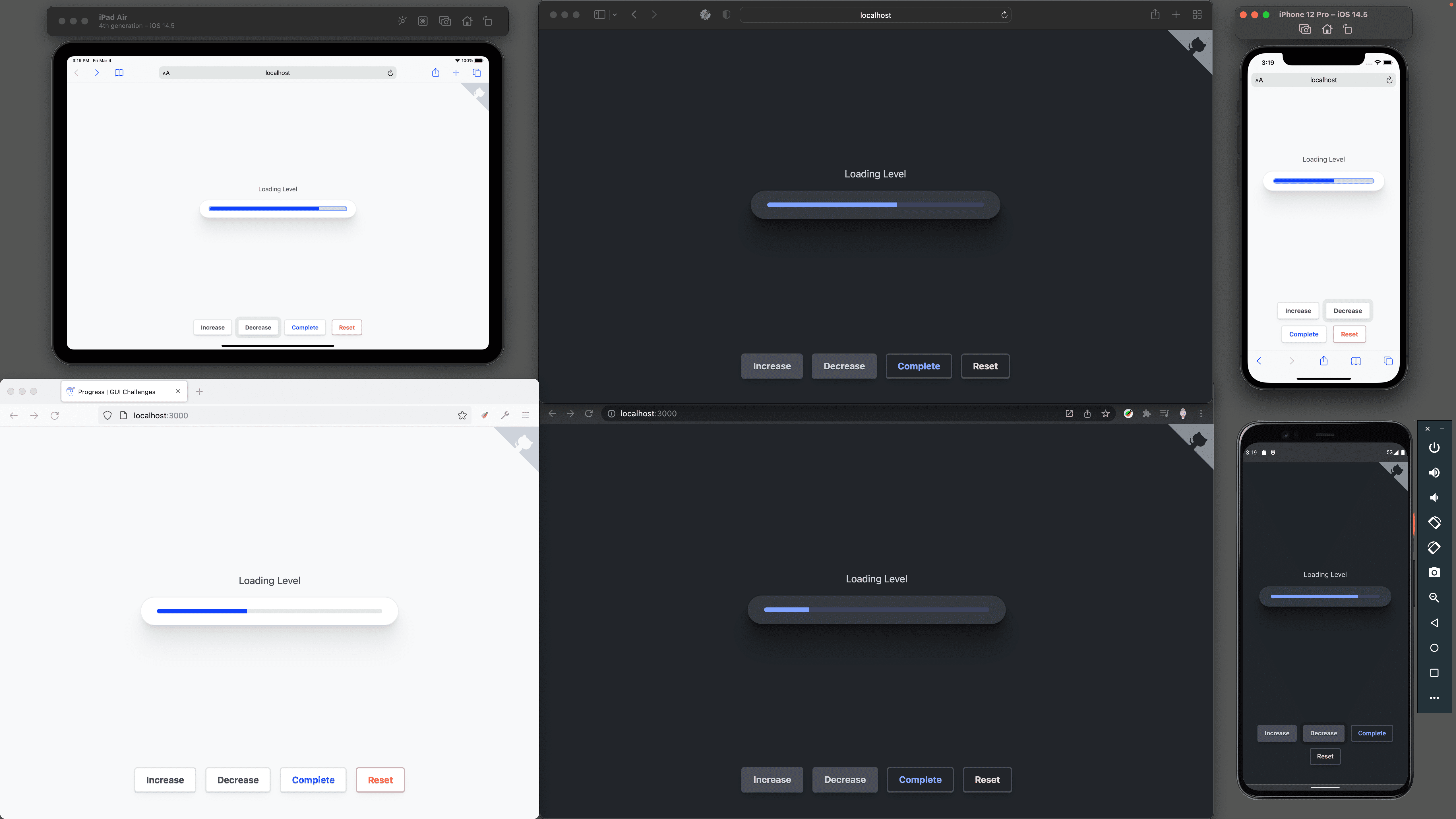 Light and dark tabs in each browser providing an 
    overview of the adaptive icon from top to bottom: 
    Safari, Firefox, Chrome.