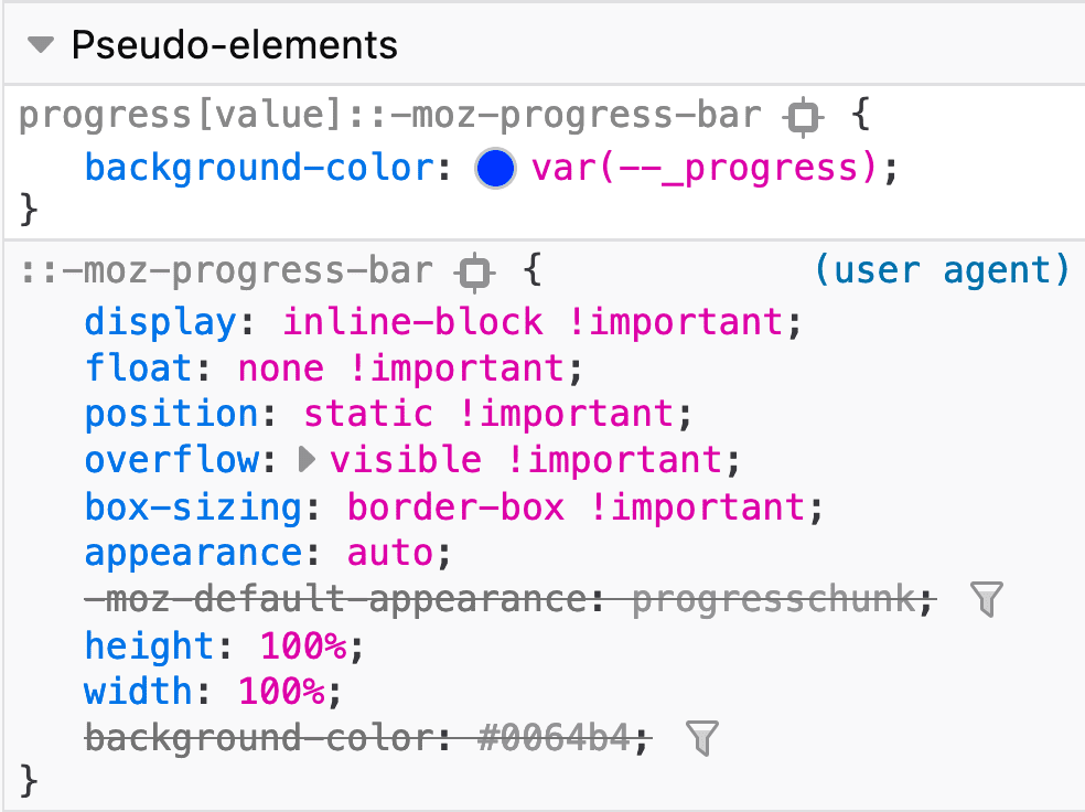 Captura de tela do Firefox e onde encontrar as partes do elemento de progresso.