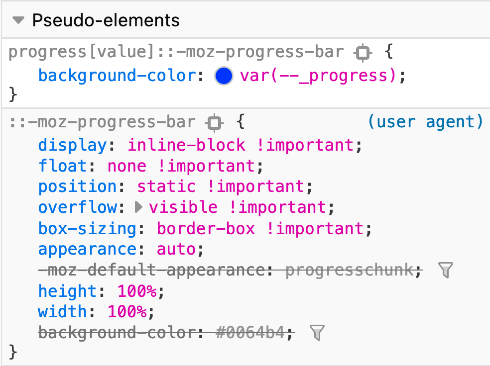 Captura de tela do Firefox e onde encontrar as partes do elemento &quot;progress&quot;.