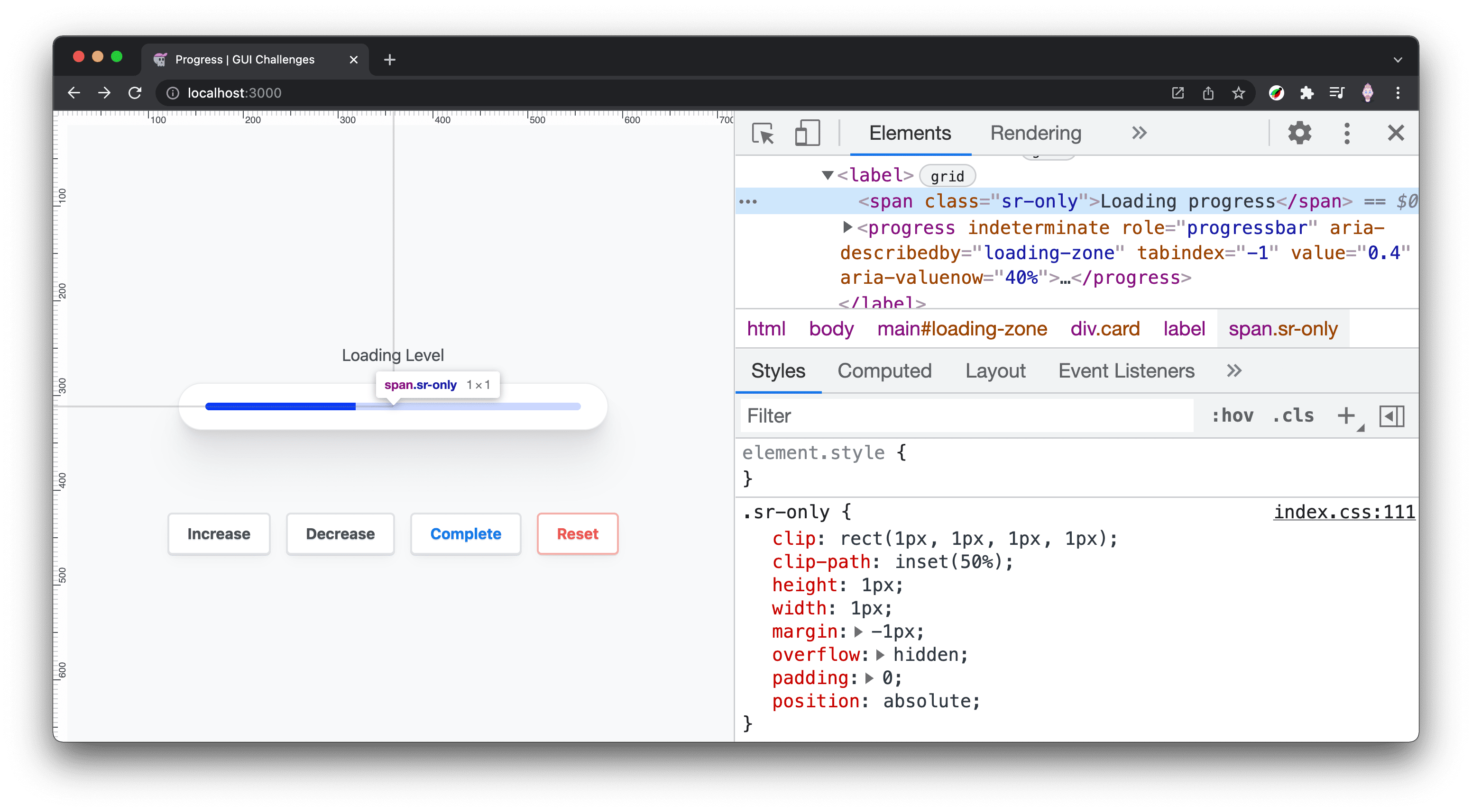 Captura de tela do DevTools revelando o elemento &quot;Somente tela pronta&quot;.