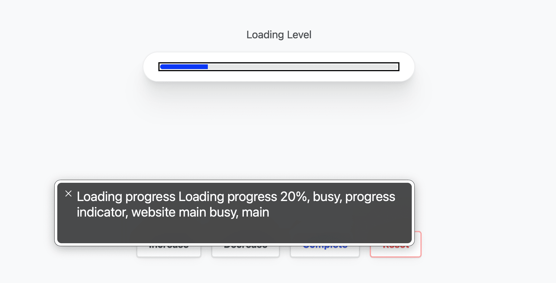 Screenshot dell&#39;app Voice Over di Mac OS 
  che legge l&#39;avanzamento della barra di caricamento per l&#39;utente.