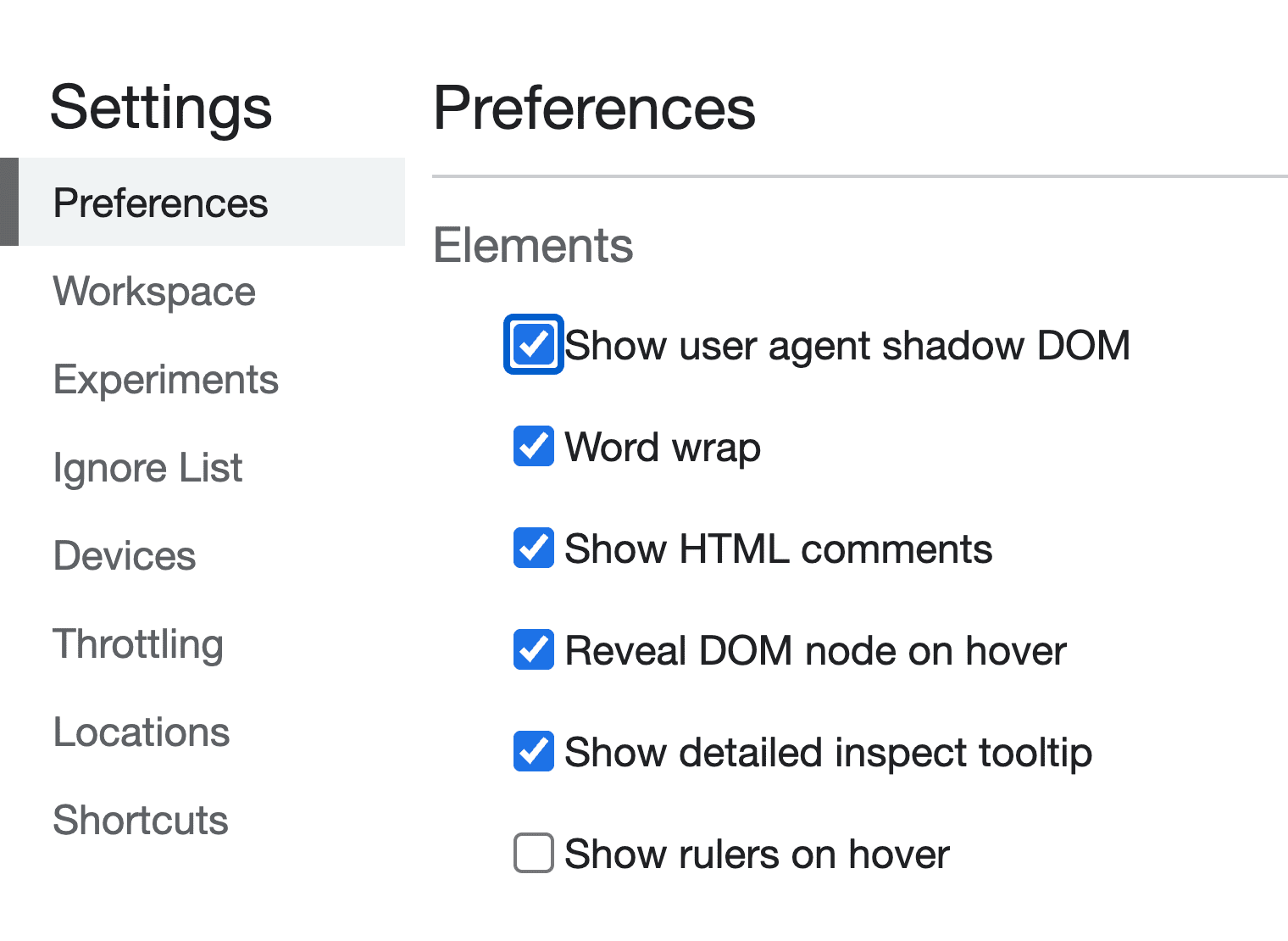 ユーザー エージェント Shadow DOM の公開を DevTools で有効にしている場所を示すスクリーンショット