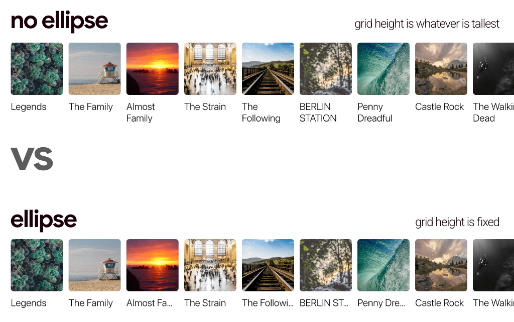 2
righe scorrevoli visualizzate. Una non ha i puntini di sospensione, il che significa che è più alta
titolo sia completamente leggibile. L&#39;altro è più breve e molti titoli sono troncati con
i puntini di sospensione.