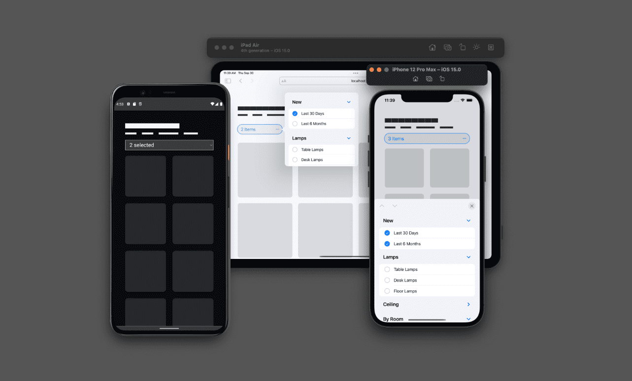 ภาพตัวอย่างหน้าจอขององค์ประกอบการเลือกหลายรายการใน Chrome บน Android, iPhone และ iPad iPad และ iPhone จะเปิดการทํางานแบบเลือกหลายรายการไว้ และแต่ละอุปกรณ์จะได้รับประสบการณ์การใช้งานที่ไม่เหมือนใครซึ่งเพิ่มประสิทธิภาพให้เหมาะกับขนาดหน้าจอ