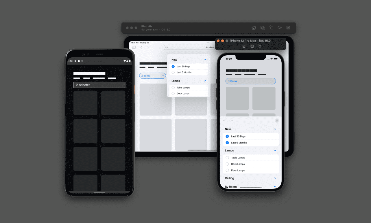 Screenshot-Vorschau des Mehrfachauswahl-Elements in Chrome auf Android-Geräten, iPhones und iPads. Auf dem iPad und dem iPhone ist die Mehrfachauswahl aktiviert und bietet jeweils eine einzigartige Nutzererfahrung, die für die Bildschirmgröße optimiert ist.