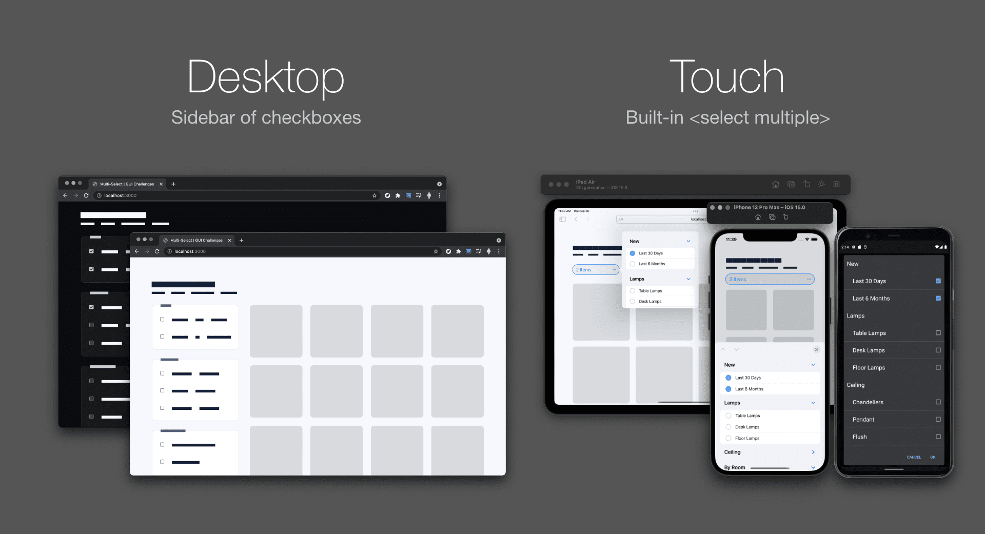 Captura de pantalla de comparación que muestra el modo claro y oscuro para computadoras de escritorio con una barra lateral de casillas de verificación en comparación con iOS y Android para dispositivos móviles con un elemento de selección múltiple.