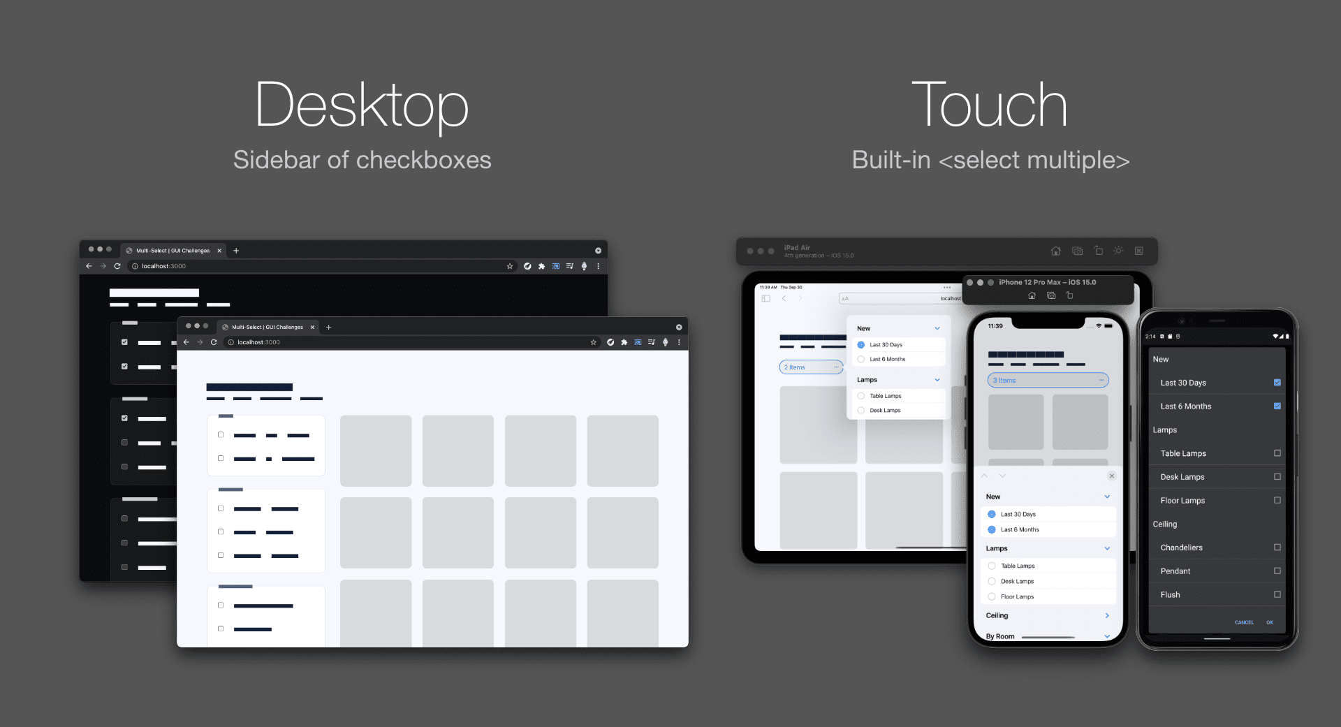 Screenshot, der die hellen und dunklen Desktops mit Kästchen in der Seitenleiste im Vergleich zu iOS und Android mit Mehrfachauswahl zeigt