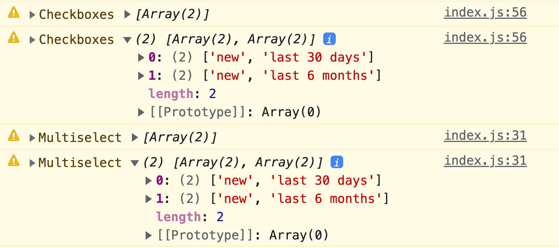 ภาพหน้าจอของคอนโซล JavaScript ในเครื่องมือสําหรับนักพัฒนาซอฟต์แวร์ซึ่งแสดงเป้าหมายและผลลัพธ์ของข้อมูลที่แปลงเป็นมาตรฐาน