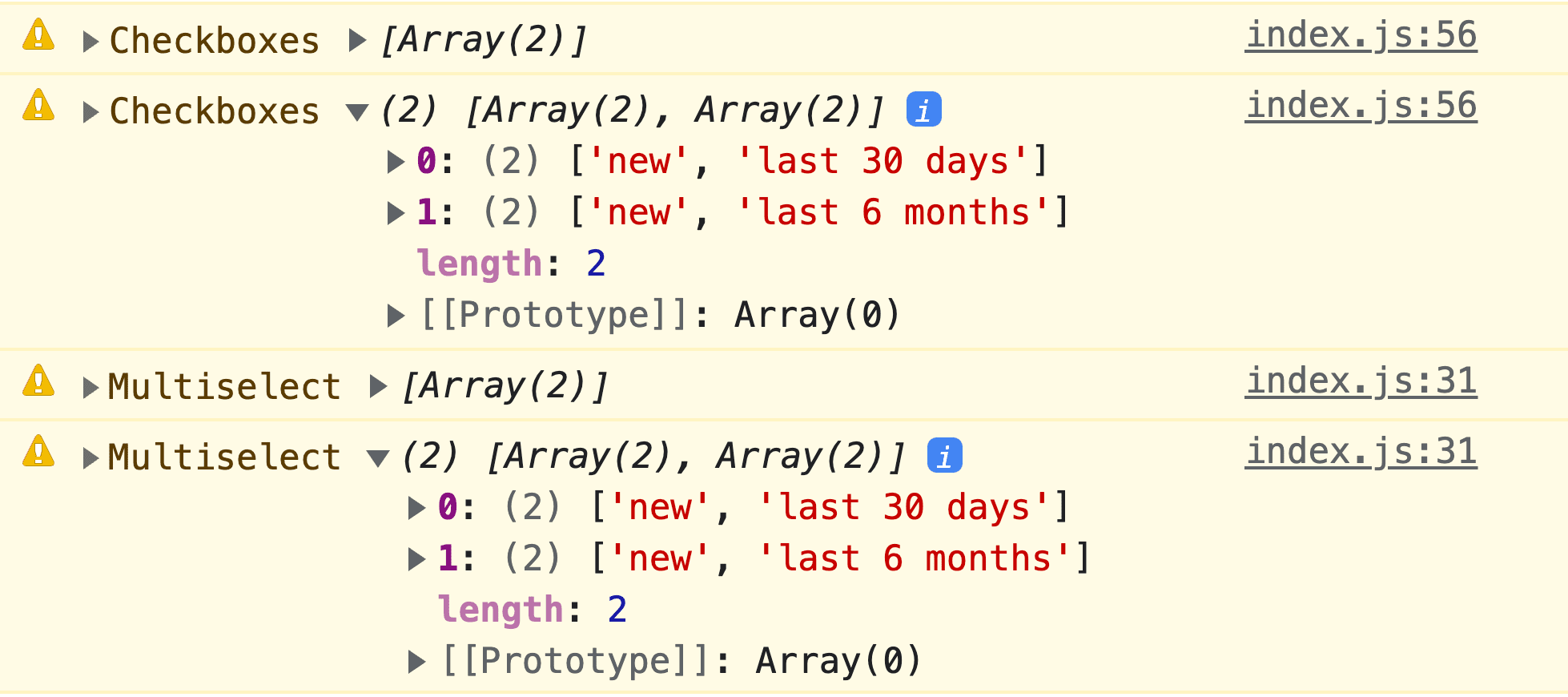 DevTools JavaScript कंसोल का स्क्रीनशॉट, जो
  लक्ष्य के लिए सामान्य तौर पर बनाए गए डेटा नतीजे दिखाता है.