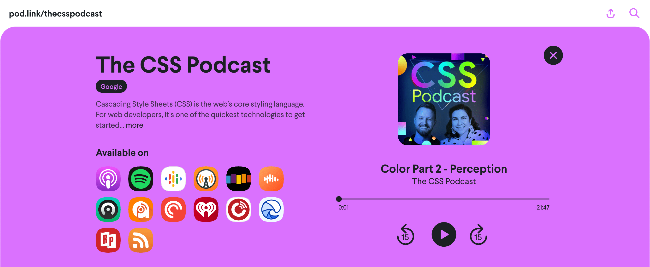 pod.link/csspodcast 网页的屏幕截图，其中显示了“Color 2: Perception”分集