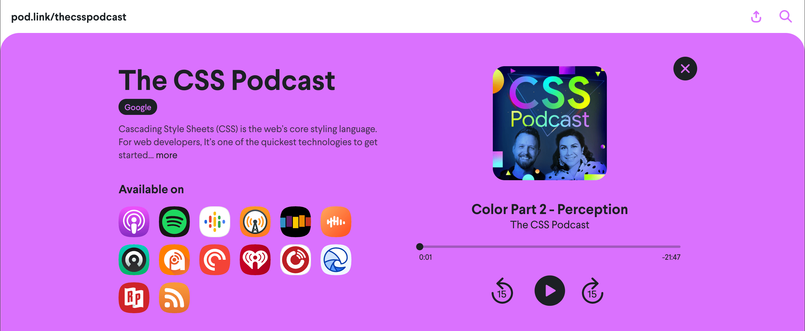 pod.link/csspodcast 网页的屏幕截图，其中调出颜色 2：感知剧集