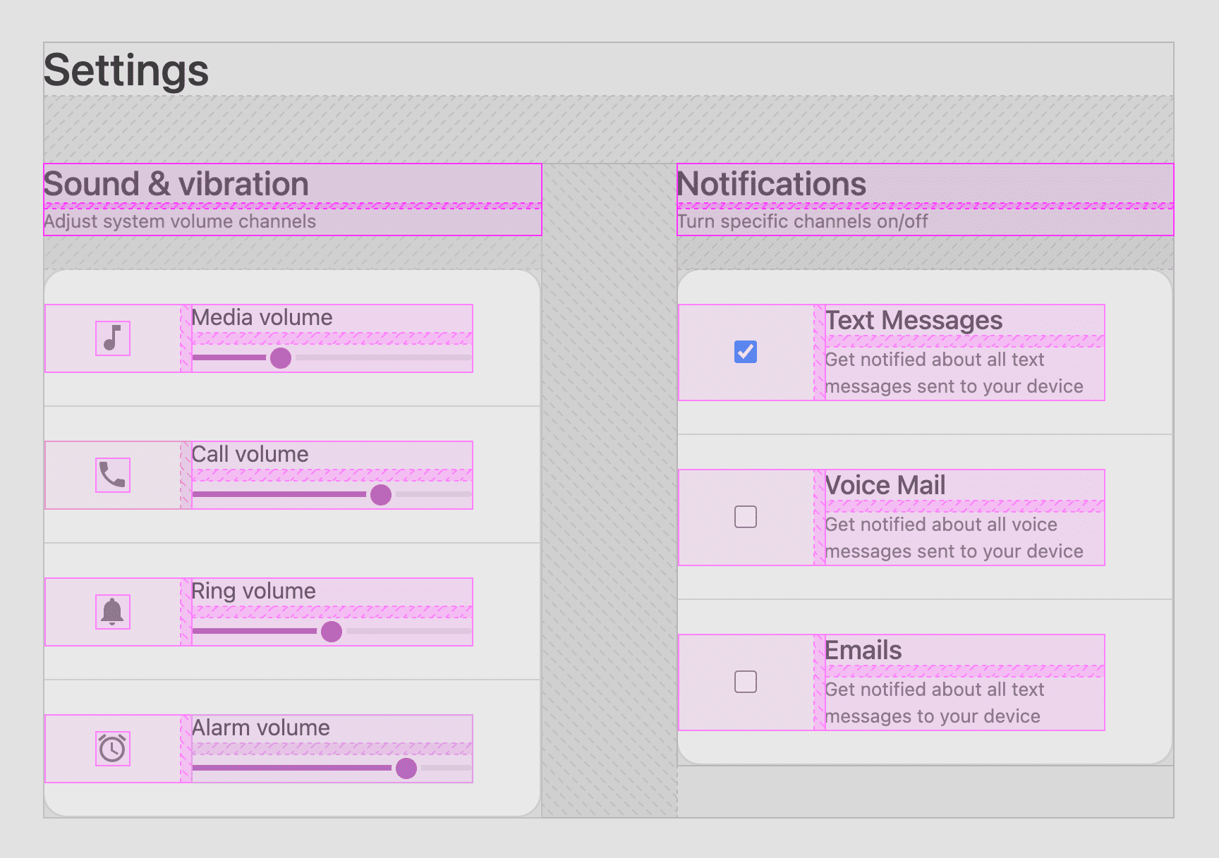 Des superpositions colorées pour les contours et l&#39;espacement des espaces qui permettent d&#39;afficher toutes les cases qui composent la mise en page des paramètres