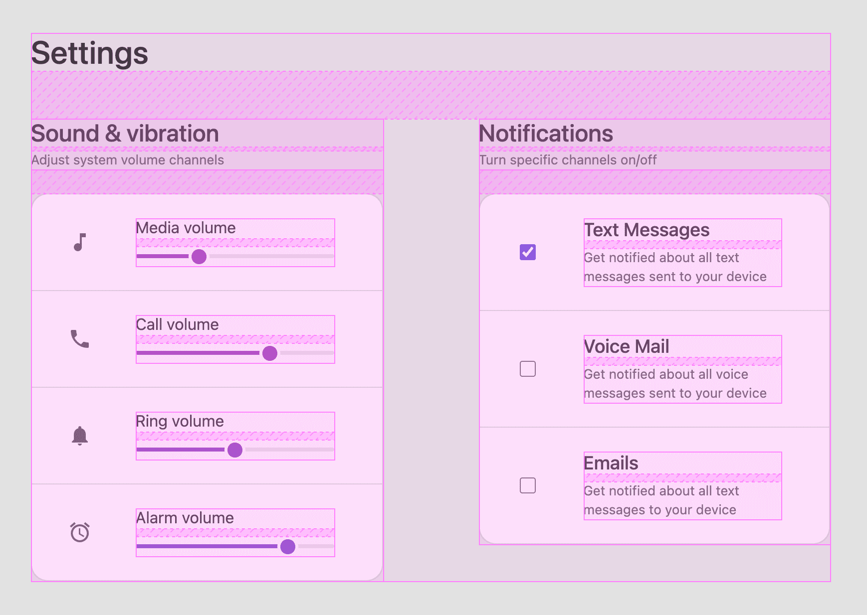 Vertical grid layouts highlighted with outlines and filled in gaps