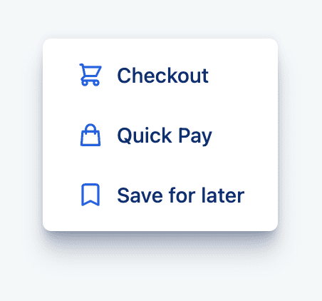 Link dan ikon untuk checkout, Pembayaran Cepat, dan Simpan untuk nanti.