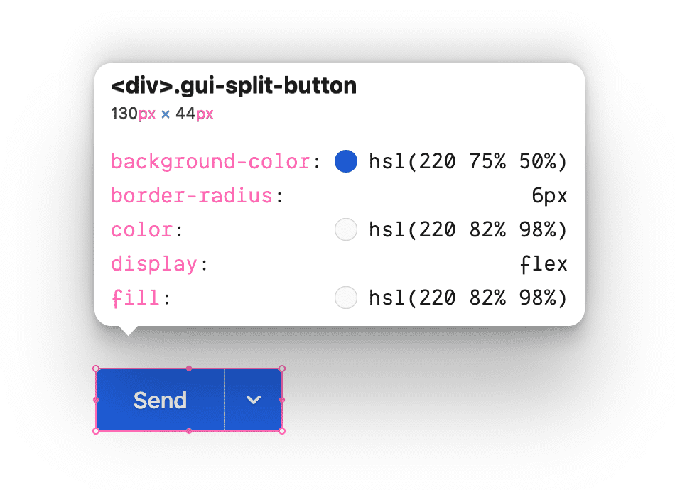 İncelenen gui-split-button sınıfı ve bu sınıfta kullanılan CSS özellikleri gösteriliyor.