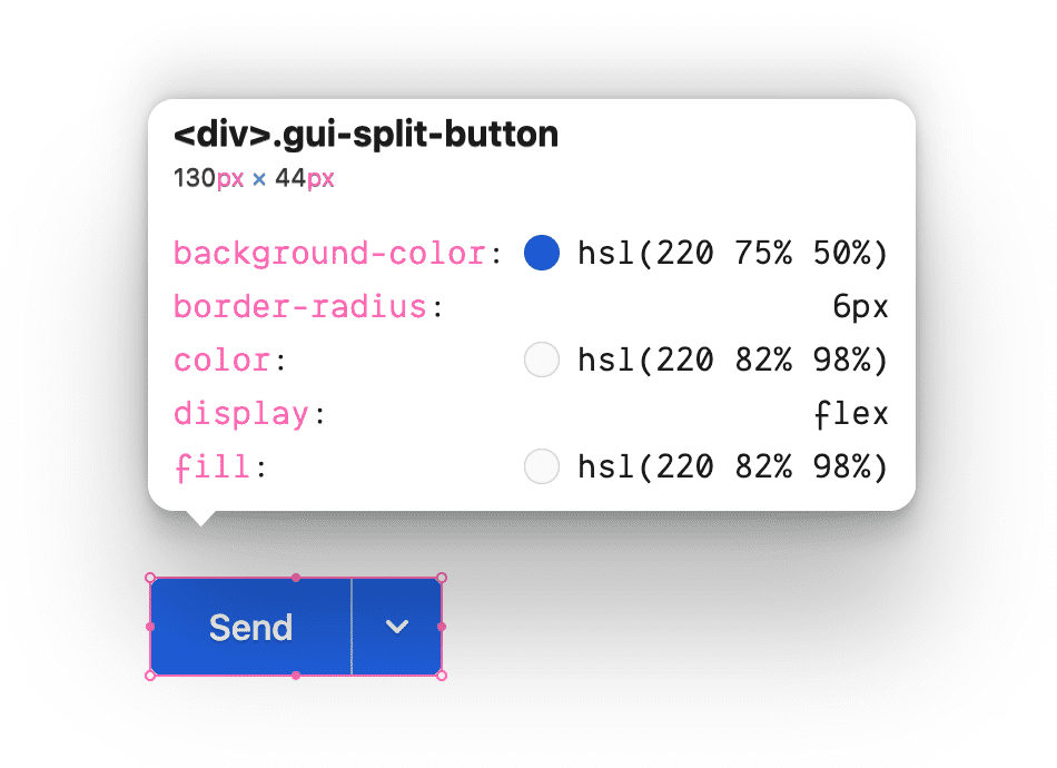 Se inspecciona la clase gui-split-button y se muestran las propiedades de CSS usadas en esta clase.