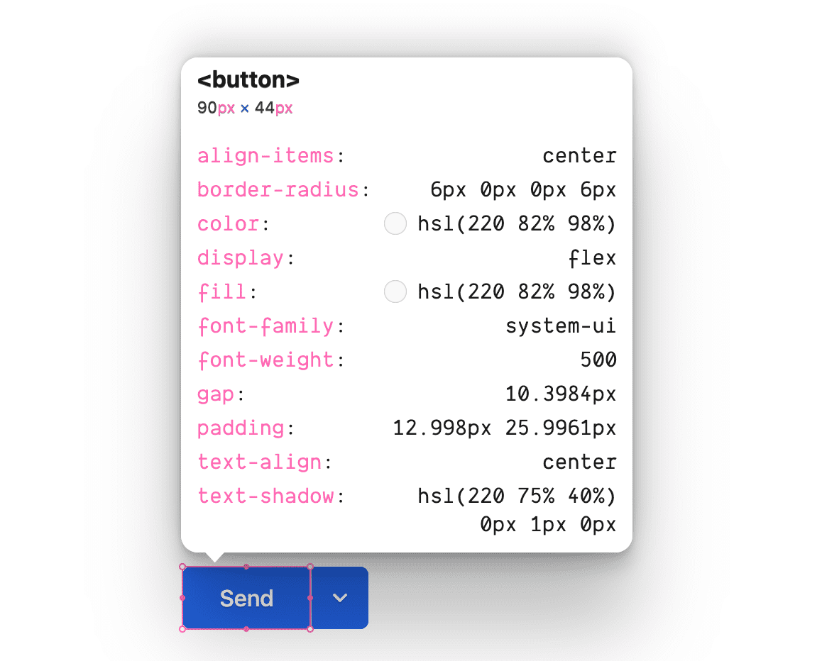 Inspector menampilkan aturan CSS untuk elemen tombol.