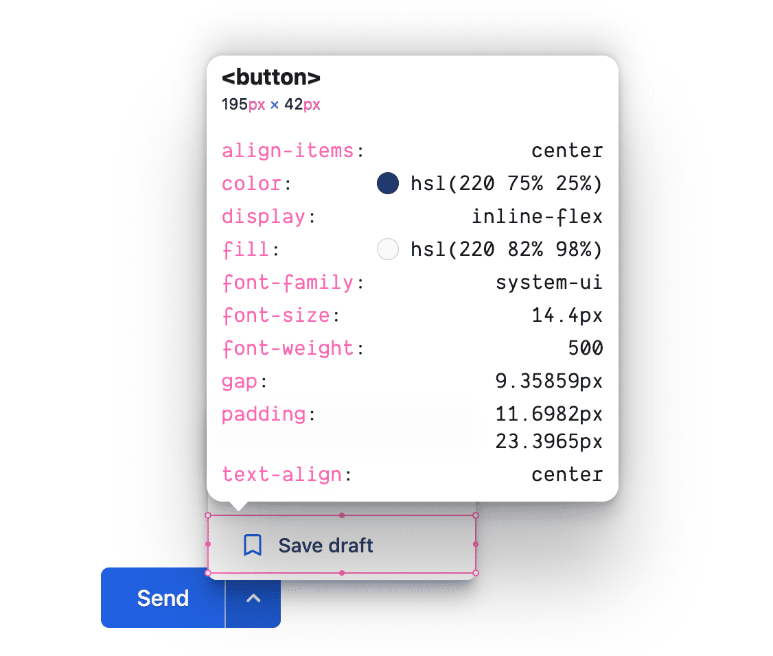 ボタン要素の CSS ルールを表示するインスペクタ。