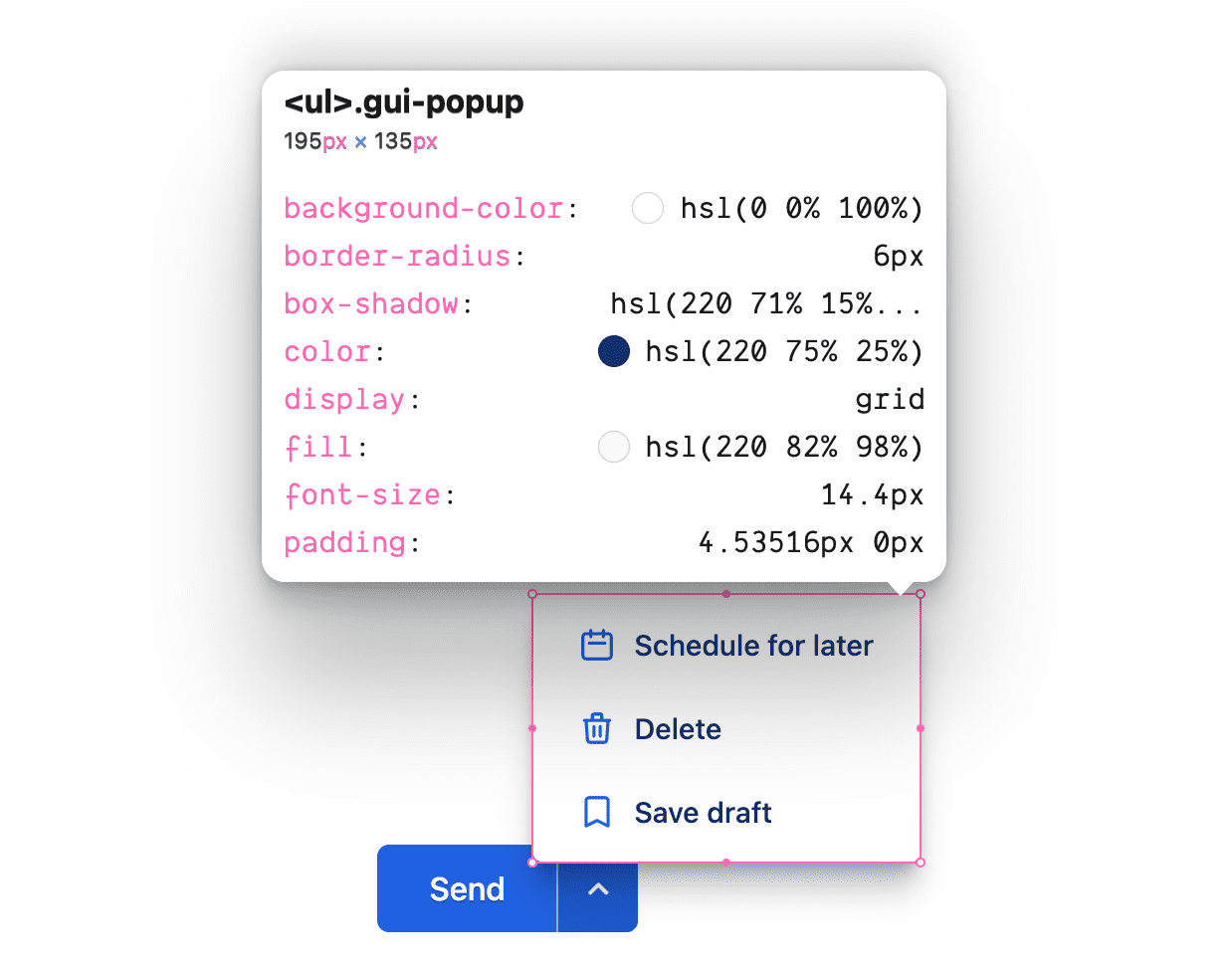 The inspector showing the CSS rules for the class gui-popup