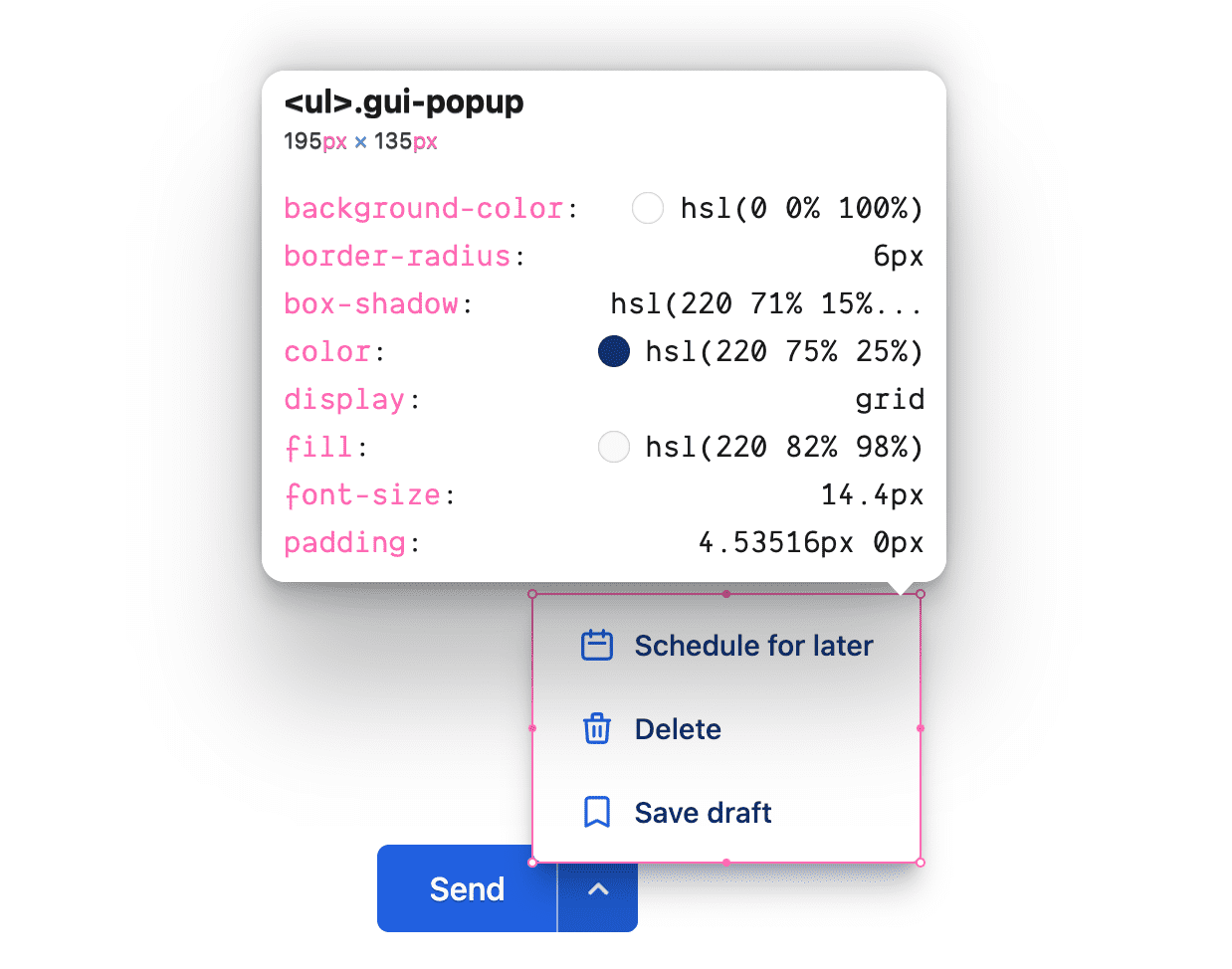 gui-popup 클래스의 CSS 규칙을 보여주는 검사기