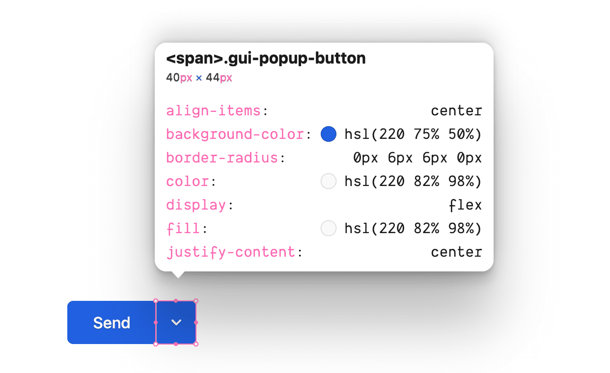 クラス gui-popup-button の CSS ルールを示すインスペクタ。