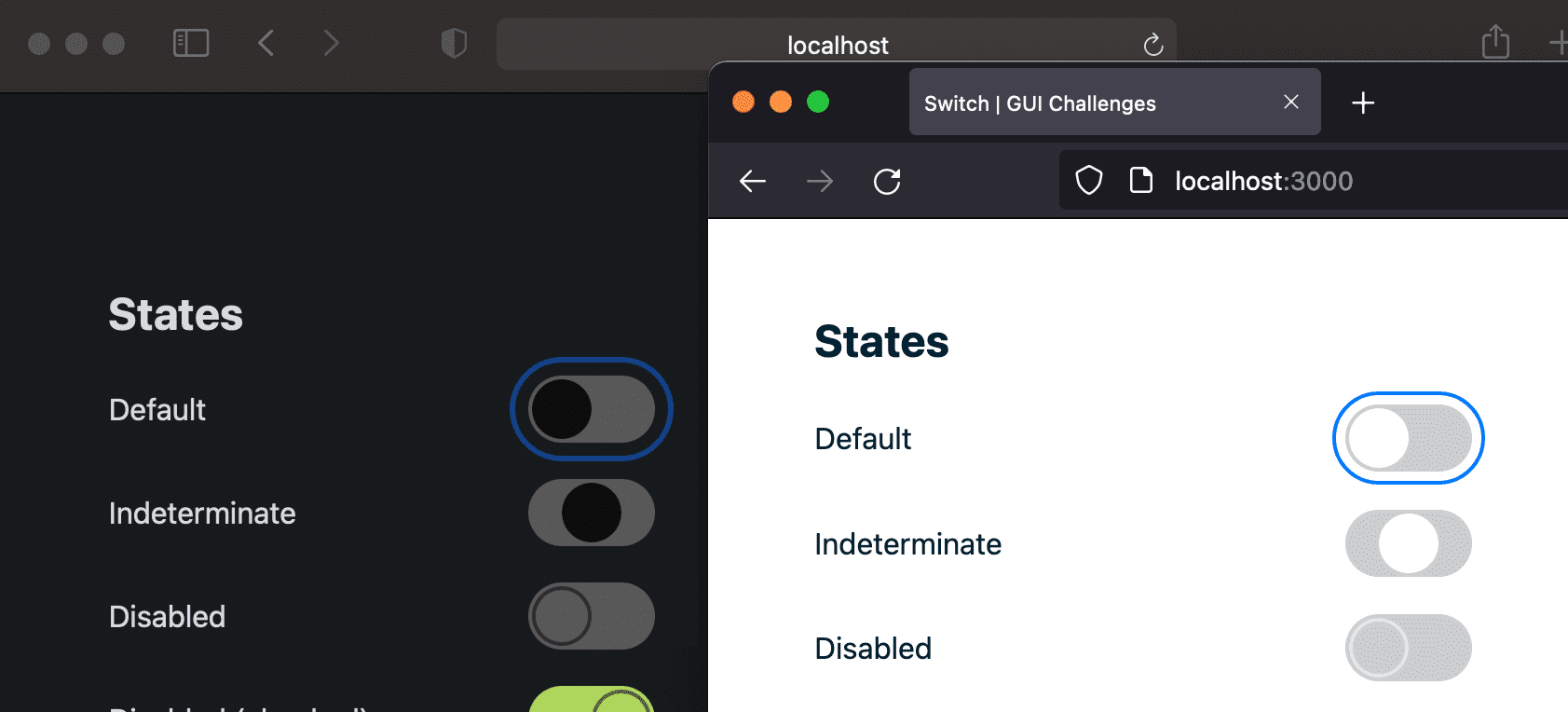 Firefox と Safari でスイッチにフォーカス リングがフォーカスされているスクリーンショット。
