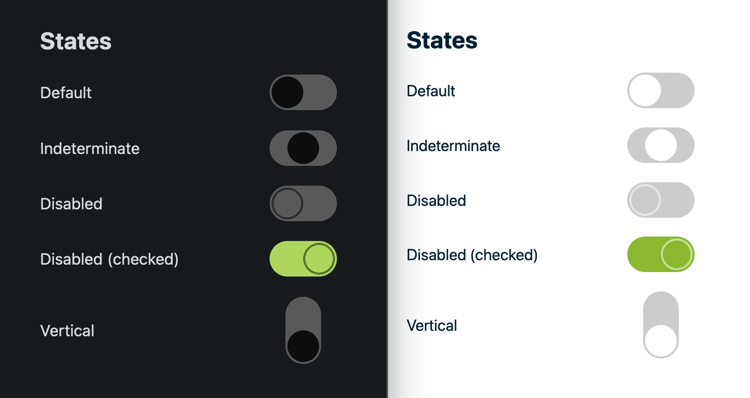 A side by side comparison of the light and dark theme for the switch and its
states.