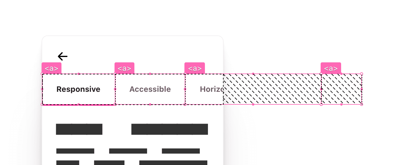 Os elementos de navegação têm sobreposições em rosa-choque, delineando o espaço que ocupam no componente e onde eles transbordam