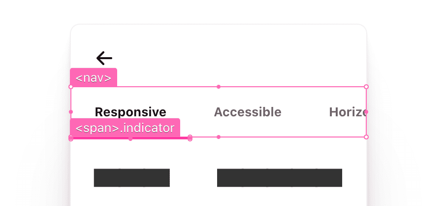 Os elementos nav e span.indicator têm sobreposições em rosa-choque, delimitando o espaço que ocupam no componente