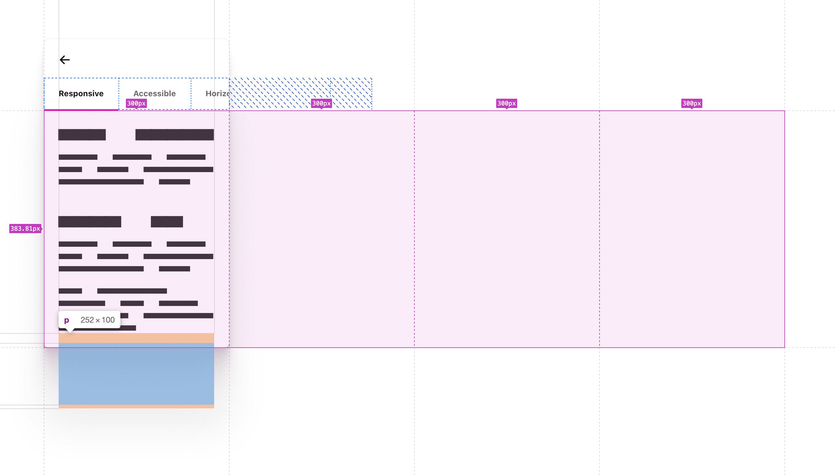 滚动区域具有网格和 Flexbox 工具叠加层，勾勒出它们在组件中占据的空间以及溢出方向