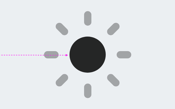 رمز الشمس المعروض مع تلاشي أشعة الشمس وسهم زهري اللون يشير إلى الدائرة في المنتصف.
