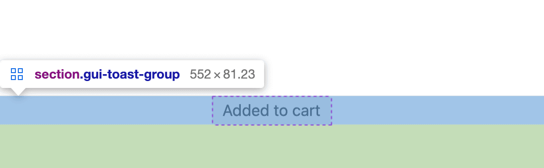 Screenshot with DevTools box size and padding overlayed on a .gui-toast-container element.