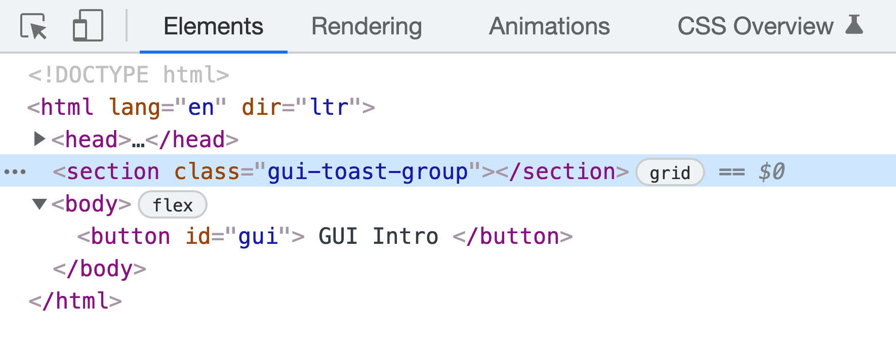 Screenshot grup toast antara tag head dan body.