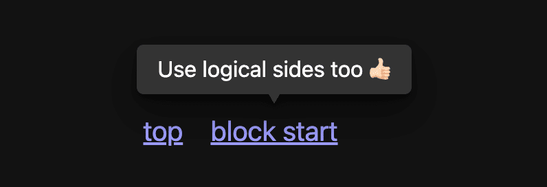 Captura de pantalla de la información sobre la herramienta en modo oscuro, flotando sobre el vínculo “block-start”.