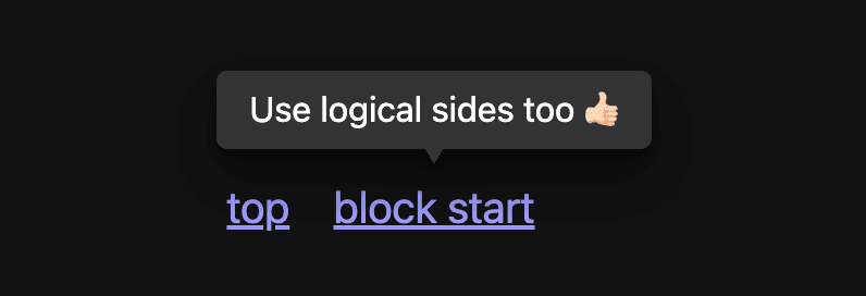 ダークモードのツールチップのスクリーンショット。リンク「block-start」が浮いている。