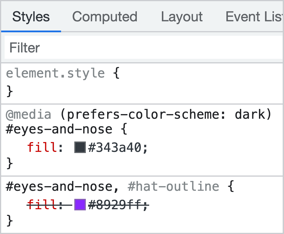 DevTools का स्क्रीनशॉट, जिसमें गहरे रंग वाली थीम वाली मीडिया क्वेरी दिख रही है. यह SVG की आंखों और नाक के रंग को ओवरराइट कर रही है.