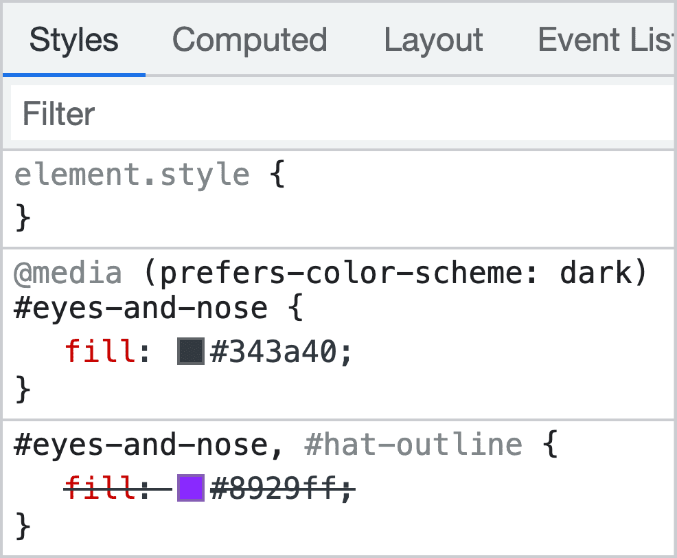 DevTools का स्क्रीनशॉट, जिसमें गहरे रंग की थीम वाली मीडिया क्वेरी दिखाई गई है. इसमें SVG की आंखों और नाक के रंग को ओवरराइट किया गया है.