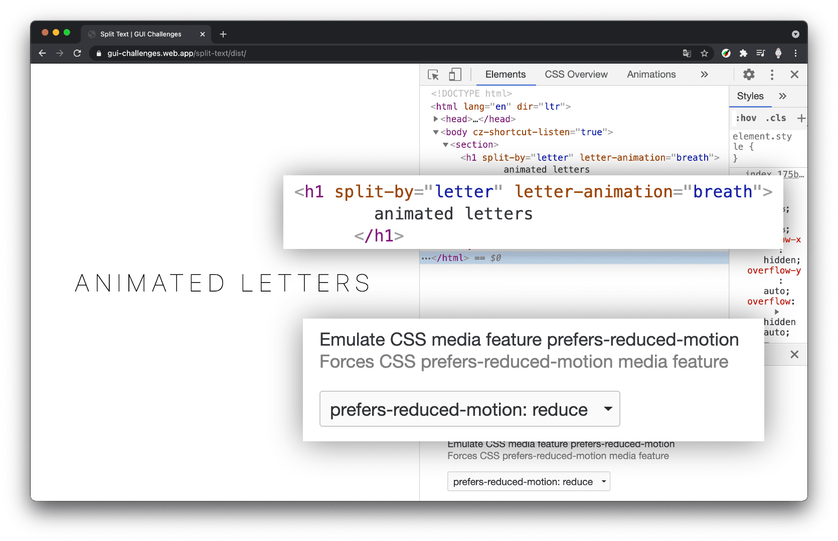 captura de tela do Chrome DevTools com o painel Elements aberto e movimento reduzido definido como &quot;reduzir&quot; e o h1 é mostrado inteiro