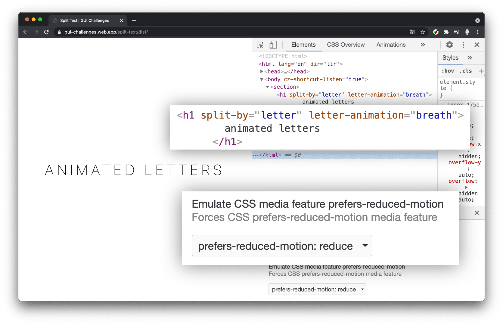 [Elements] パネルが開き、軽減されたモーションが [reduce] に設定され、h1 が分割されていない状態になっている、Chrome DevTools のスクリーンショット