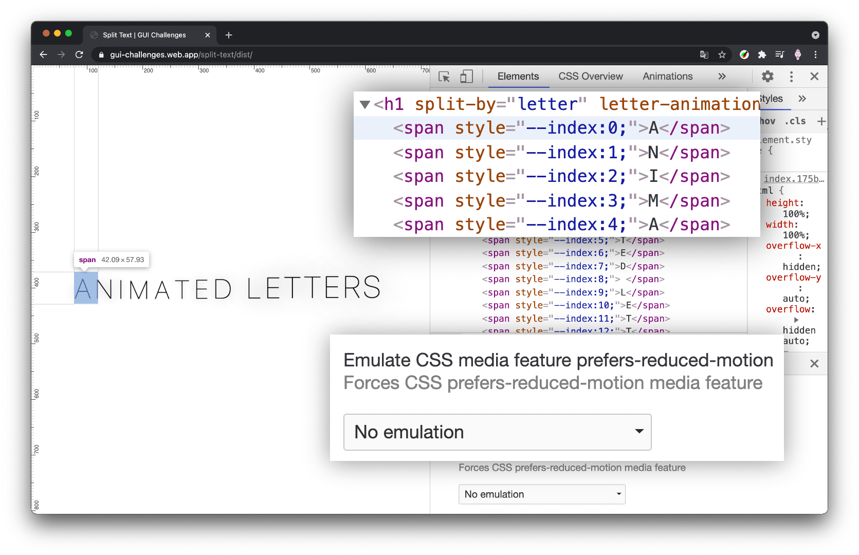 Capture d&#39;écran des outils de développement Chrome avec le panneau &quot;Elements&quot; ouvert et l&#39;option &quot;Reduce&quot; (réduction des mouvements) définie sur &quot;reduce&quot; et &quot;h1&quot; s&#39;affiche non fractionné