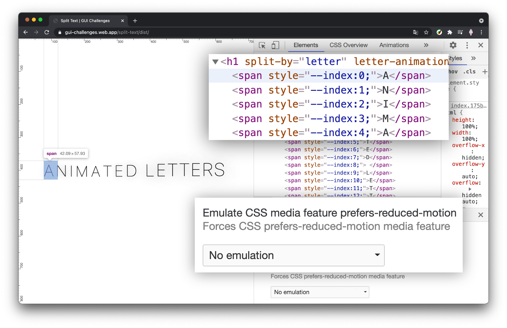 Screenshot der Chrome-Entwicklertools mit geöffnetem Bereich „Elemente“ und reduzierter Bewegung auf „Reduzieren“ festgelegt. Die H1-Überschrift wird nicht geteilt.