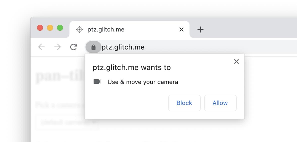 Capture d&#39;écran d&#39;une invite utilisateur pour une caméra PTZ dans Chrome pour macOS.