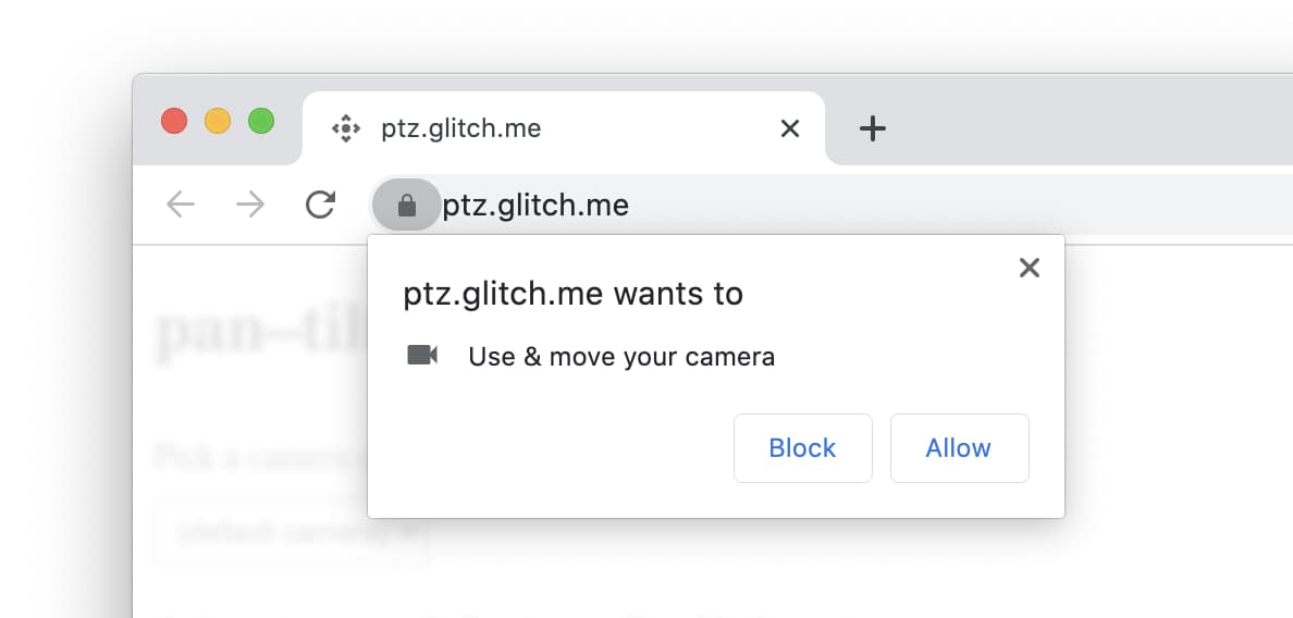 macOS 用 Chrome でのカメラの PTZ ユーザー プロンプトのスクリーンショット。