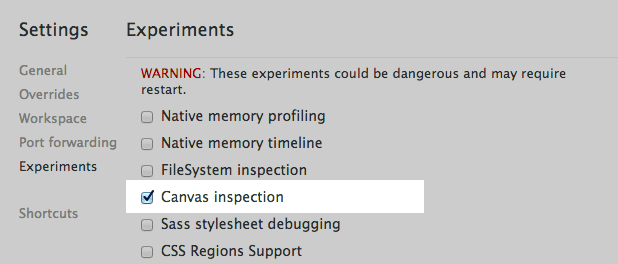 Enabling Canvas inspection in DevTools’ experiments