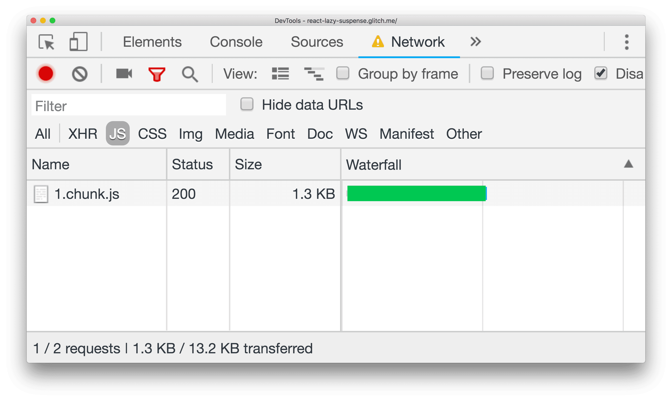 Panneau &quot;Réseau&quot; de la console d&#39;outils de développement montrant le téléchargement d&#39;un fichier chunk.js